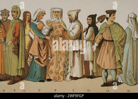 History of France. 1200. From left to right, 4-5-6-7: ordinary people dresses, 8: princess, 9: Carthusian, 10: Trappist friar, 11: nobleman, 12: noblewoman. Chromolithography. Detail. 'Historia Universal', by César Cantú. Volume VI, 1885. Stock Photo