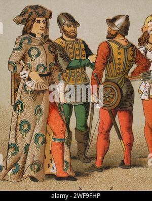 History of England. 1450-1500. From left to right: Knight of the Order of the Garter and warriors. Chromolithography. 'Historia Universal', by César Cantú. Volume VI, 1885. Stock Photo