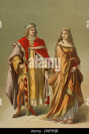 Europe. Middle Ages. 14th century. Lady and nobleman. Chromolithography. 'Historia Universal', by César Cantú. Volume VI, 1885. Stock Photo