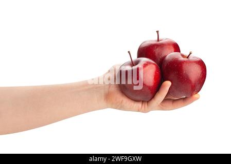 red delicious apple in hand path isolated on white Stock Photo