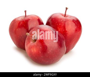 Group Of Three Whole Fresh Apple Red Delicious Isolated On Black Glass 