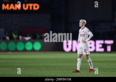 Newport, UK. 28th Jan, 2024. Manchester United forward Alejandro Garnacho (17) in action during the Newport County AFC v Manchester United FC Emirates FA Cup 4th Round match at Rodney Parade, Newport, Wales, United Kingdom on 28 January 2024 Credit: Every Second Media/Alamy Live News Stock Photo