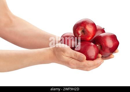 red delicious apple in hand path isolated on white Stock Photo