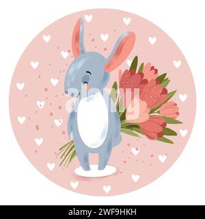 Cute rabbit with bouquet of tulips . Vector illustration Stock Vector