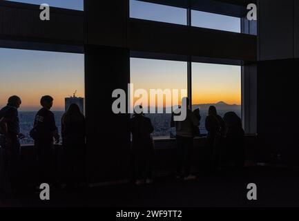 Tokyo, Japan. January 9, 2024. people looking at the view with Mount Fuji in the background from Tokyo Metropolitan Government Building North Observatory in the city center Stock Photo