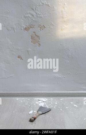 Saltpeter on the wall, Closeup of wall stained with water infiltration. Potassium nitrate, which is present in the building materials comes into conta Stock Photo