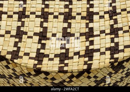 The top of a woven bamboo-like circular jewelry box with an abstract pattern, Stock Photo