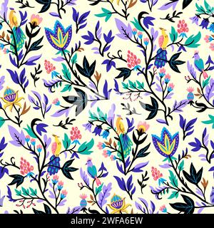 Ornamental floral pattern with stylized ornate floral elements and fantasy birds. Vector illustration. Stock Vector