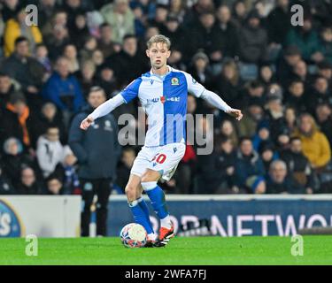 Jake Garrett of Blackburn Rovers breaks forward with the ball, during the Emirates FA Cup Fourth Round match Blackburn Rovers vs Wrexham at Ewood Park, Blackburn, United Kingdom, 29th January 2024  (Photo by Cody Froggatt/News Images) Stock Photo