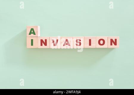 AI or artificial intelligence invasion and dominance concept. Crossword puzzle flat lay typography in green background. Stock Photo