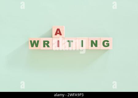 AI or artificial intelligence writing concept. Crossword puzzle flat lay typography in green background. Stock Photo