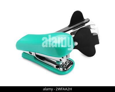 New bright stapler and staple remover isolated on white Stock Photo