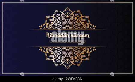 Ramadan Kareem in luxury style with gold mandala on dark background. For Greeting Card, Banner, Invitation and Poster Stock Vector