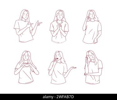 Various behavior pose happy expression woman character. Hand drawn line art doodle style vector design illustrations. Stock Vector