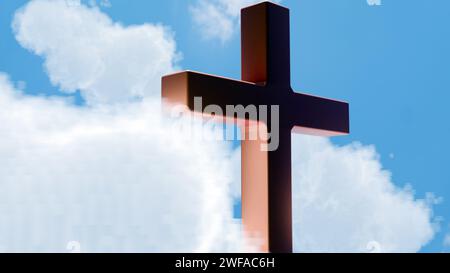 3d rendering of a rustic wooden cross against a backdrop of fluffy white clouds and a bright blue sky. Stock Photo
