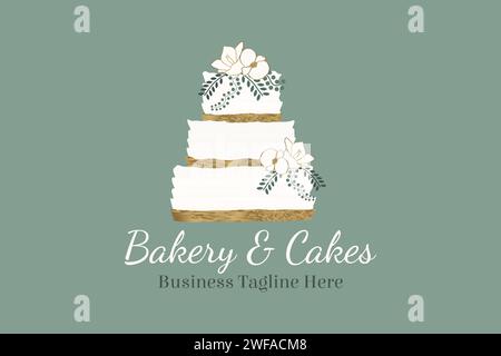 Elegant Cake Bakery Logo Design in White, Green and Gold Colors Stock Vector