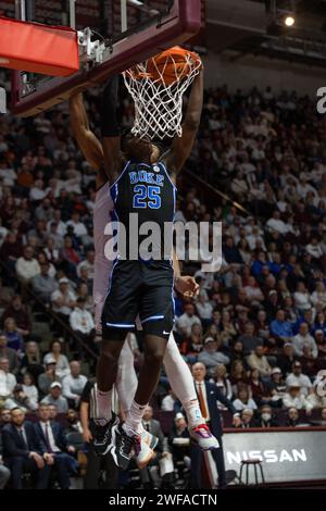 Blacksburg, VA, USA. 29th Jan, 2024. Duke Blue Devils forward Mark Mitchell (25) dunks the ball during the NCAA basketball game between the Duke Blue Devils and the Virginia Hokies at Cassell Coliseum in Blacksburg, VA. Jonathan Huff/CSM/Alamy Live News Stock Photo