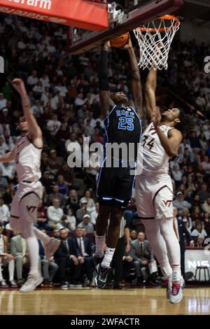 Blacksburg, VA, USA. 29th Jan, 2024. Duke Blue Devils forward Mark Mitchell (25) dunks the ball during the NCAA basketball game between the Duke Blue Devils and the Virginia Hokies at Cassell Coliseum in Blacksburg, VA. Jonathan Huff/CSM/Alamy Live News Stock Photo