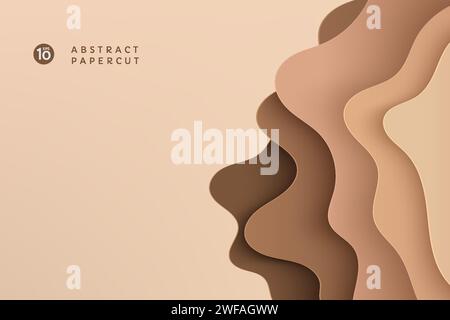 Abstract brown and beige paper cut wavy shapes layers background with copy space. Modern topo graphic. Fluid curve pattern in earth tone color. Vector Stock Vector