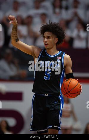 Blacksburg, VA, USA. 29th Jan, 2024. Duke Blue Devils guard Tyrese Proctor (5) signals to his team during the NCAA basketball game between the Duke Blue Devils and the Virginia Hokies at Cassell Coliseum in Blacksburg, VA. Jonathan Huff/CSM/Alamy Live News Stock Photo