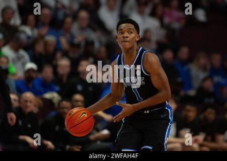 Blacksburg, VA, USA. 29th Jan, 2024. Duke Blue Devils guard Caleb Foster (1) runs the offense during the NCAA basketball game between the Duke Blue Devils and the Virginia Hokies at Cassell Coliseum in Blacksburg, VA. Jonathan Huff/CSM/Alamy Live News Stock Photo