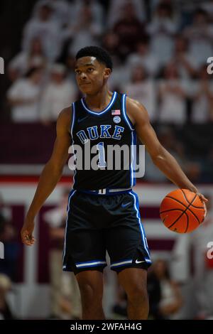 Blacksburg, VA, USA. 29th Jan, 2024. Duke Blue Devils guard Caleb Foster (1) runs the offense during the NCAA basketball game between the Duke Blue Devils and the Virginia Hokies at Cassell Coliseum in Blacksburg, VA. Jonathan Huff/CSM/Alamy Live News Stock Photo