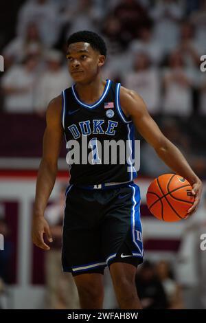 Blacksburg, VA, USA. 29th Jan, 2024. Duke Blue Devils guard Caleb Foster (1) runs the offense during the NCAA basketball game between the Duke Blue Devils and the Virginia Hokies at Cassell Coliseum in Blacksburg, VA. Jonathan Huff/CSM/Alamy Live News Stock Photo