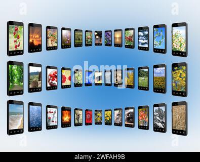 Smartphones with different photo in rows. Mobile phones with images of nature. Modern communications. Digital technologies. Smartphones isolated Stock Photo