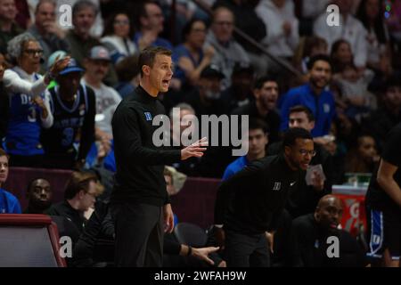 Blacksburg, VA, USA. 29th Jan, 2024. Duke Blue Devils head coach Jon Scheyer coaches his team during the NCAA basketball game between the Duke Blue Devils and the Virginia Hokies at Cassell Coliseum in Blacksburg, VA. Jonathan Huff/CSM/Alamy Live News Stock Photo