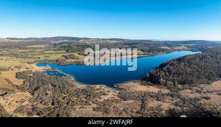 Aerial panorama of Lake Mindelsee, a glacial tongue lake on the Bodanrueck, district of Constance, Baden-Wuerttemberg, Germany Stock Photo
