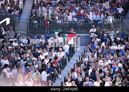 Melbourne, Australie. 27th Jan, 2024. Demonstrators for Free Palestine during the Australian Open AO 2024 Grand Slam tennis tournament on January 27, 2024 at Melbourne Park in Australia. Photo Victor Joly/DPPI Credit: DPPI Media/Alamy Live News Stock Photo