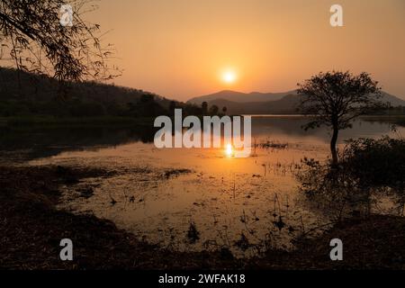 Sunset, Maddigedda Reservoir, reservoir near Addateegala, Andhra Pradesh, India, Asia Stock Photo
