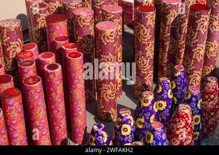 BARPETA, INDIA, NOVEMBER 7: Firecrackers displayed for sell at a stall for upcoming Diwali or Dipawali festival on November 7, 2023. in Barpeta Stock Photo