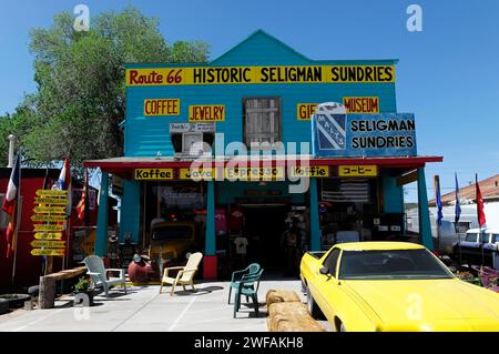 Western town in Seligman on historic Route 66 in the Wild West. Seligman, Arizona, USA Stock Photo