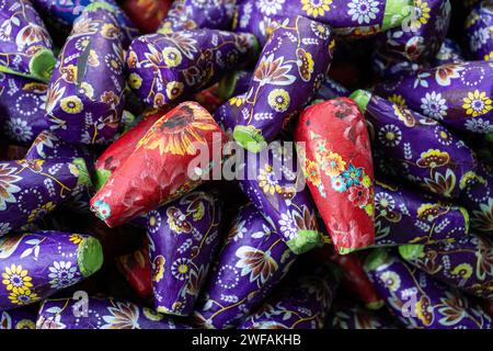BARPETA, INDIA, NOVEMBER 7: Firecrackers displayed for sell at a stall for upcoming Diwali or Dipawali festival on November 7, 2023. in Barpeta Stock Photo
