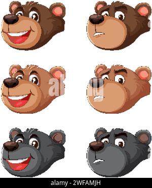 Set of bear faces showing different emotions. Stock Vector