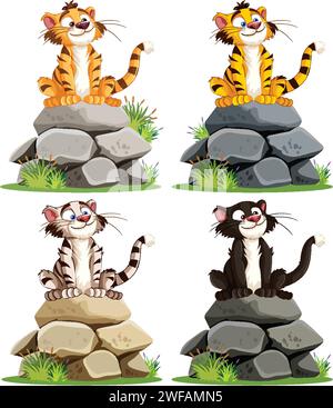 Colorful vector illustration of animated cats sitting on stones Stock Vector