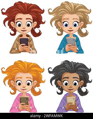 Four cartoon children using smartphones, smiling. Stock Vector