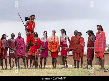 Maasai people preforming the traditional jumping dance in a Maasai village in Maasai Mara, Kenya Stock Photo