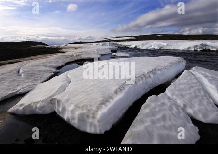 Spring melt in the Miohusaa river above the town of Egilstadir, east Iceland Stock Photo