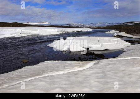 Spring melt in the Miohusaa river above the town of Egilstadir, with a distant view of the Fjardarheidi mountains, east Iceland Stock Photo