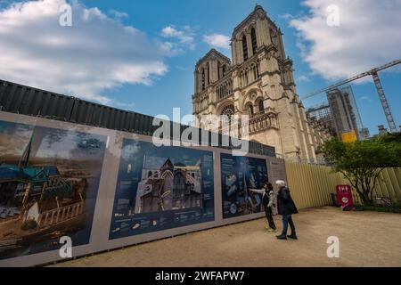 Paris, France - May 15, 2023: restoration site of Notre Dame de Paris Cathedral Stock Photo