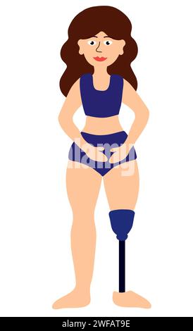 Body positive concept. Woman with Disability, prosthesis leg. Girl in swimsuit standing. Cartoon flat vector illustration. Stock Vector