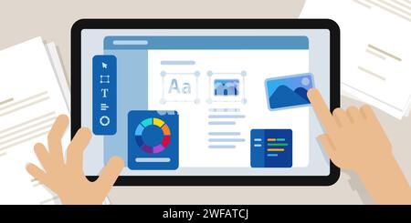 web design website designer working on large screen create interface layout using software Stock Vector