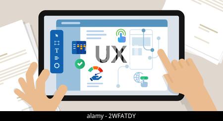 UX user experience design website interaction designer working on screen hands create interface layout using software Stock Vector