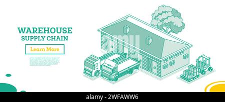 Isometric outline small warehouse. Part of supply chain. Warehouse storage facilities with trucks isolated on white background. Vector illustration. Stock Vector