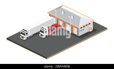 Isometric small warehouse. Warehouse storage facilities with trucks isolated on white background. Vector illustration. Loading discharging terminal. Stock Vector