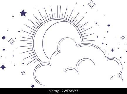 Mystical clouds and stars, sun with rays vector Stock Vector