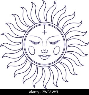 Sun with face and flaming rays, mystic element Stock Vector