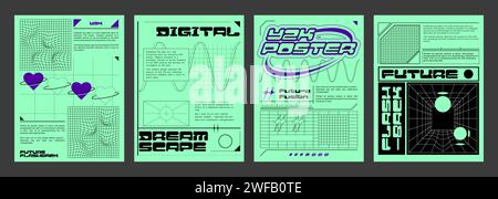 Retro futuristic vibe flyer templates set. Vector illustration of y2k aesthetic posters, retrowave style banners with geometric shapes, wireframe perspective, heart sign, text on green background Stock Vector